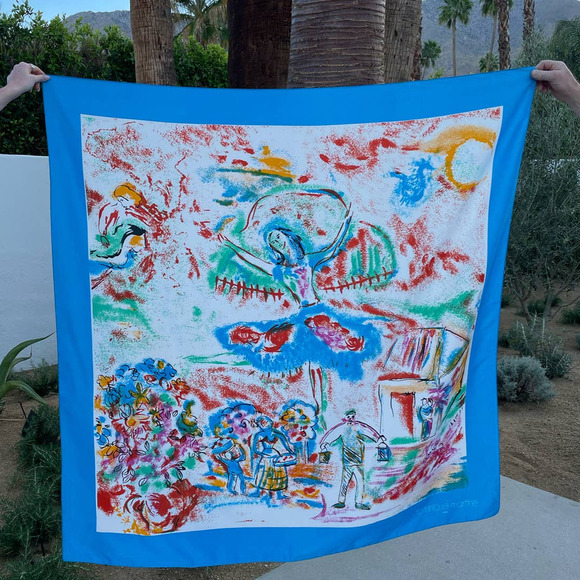 Vintage 80s Dominique Martine Blue Large Sarong Scarf Wrap Square Painted Print - Picture 3 of 5